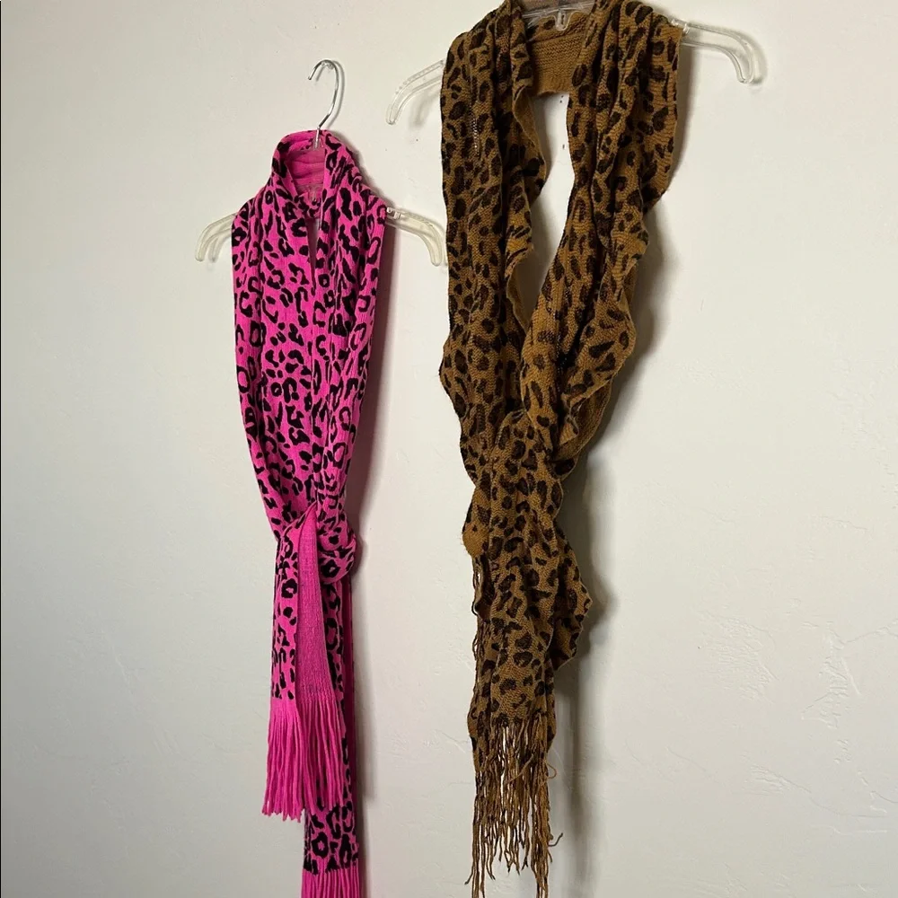 Leopard Print Scarf Set - Pink and Brown